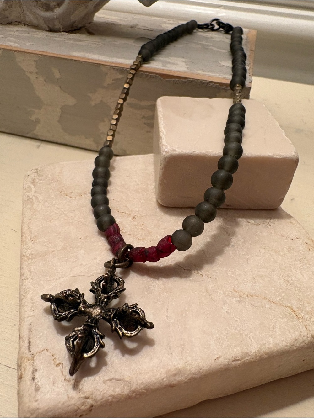 Necklace Red Recycled Cut Glass Unpolished Gold Hematite. Relic Cross Pendant.